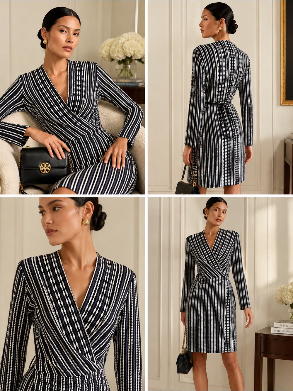 Tory Burch Wrap Dress Black White Striped Knit Long Sleeve Size L